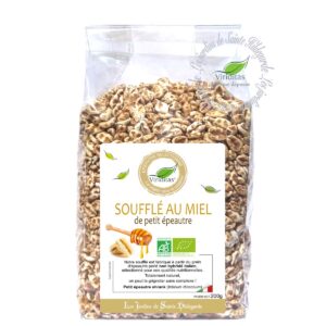 Grains soufflés au miel de petit épeautre Italien (triticum dicoccum) biologique et non hybridé (non croisé avec du blé), sachet de 200g