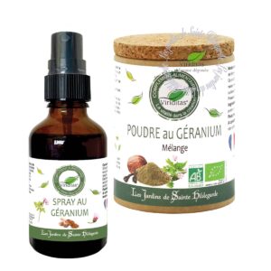 Lot de poudre et spray à base dé géranium recommandé par Sainte Hildegarde